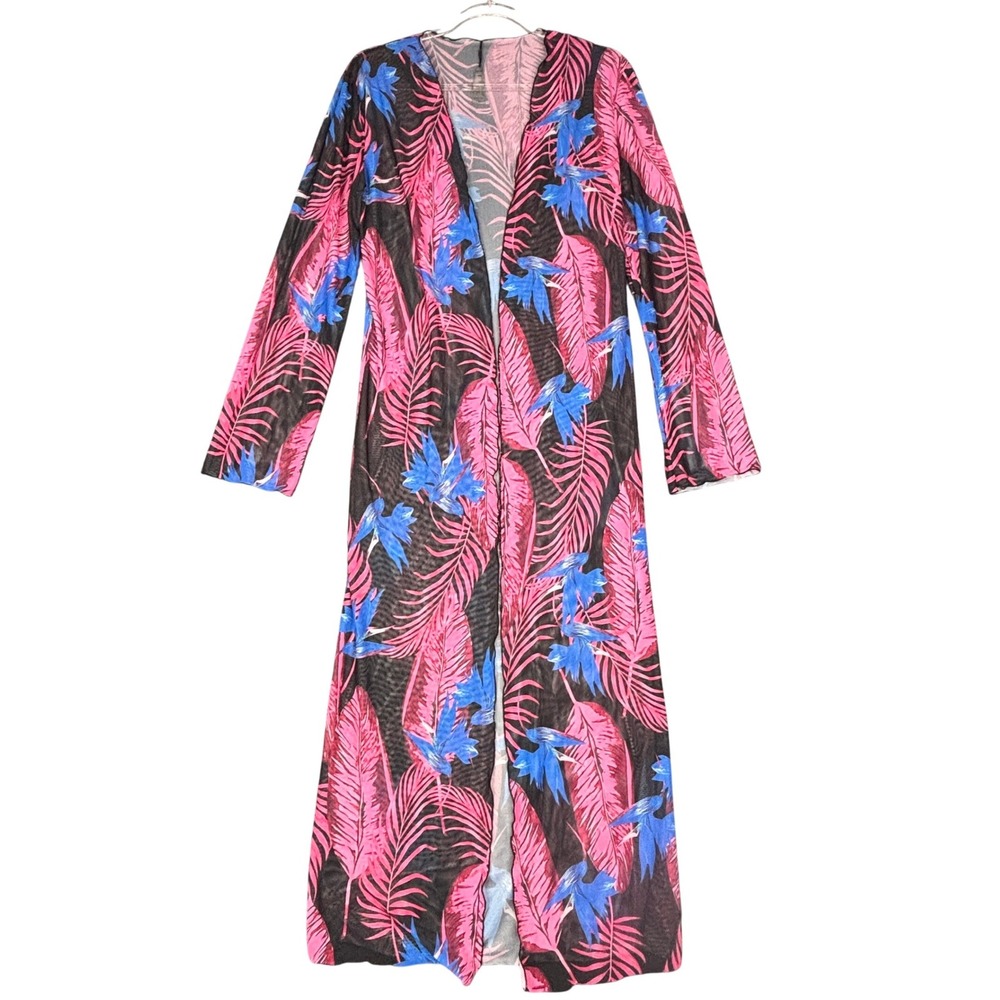 Fashion Nova Mesh Duster Cardigan Small Pink Blue Tropical Palm Leaf Open Front